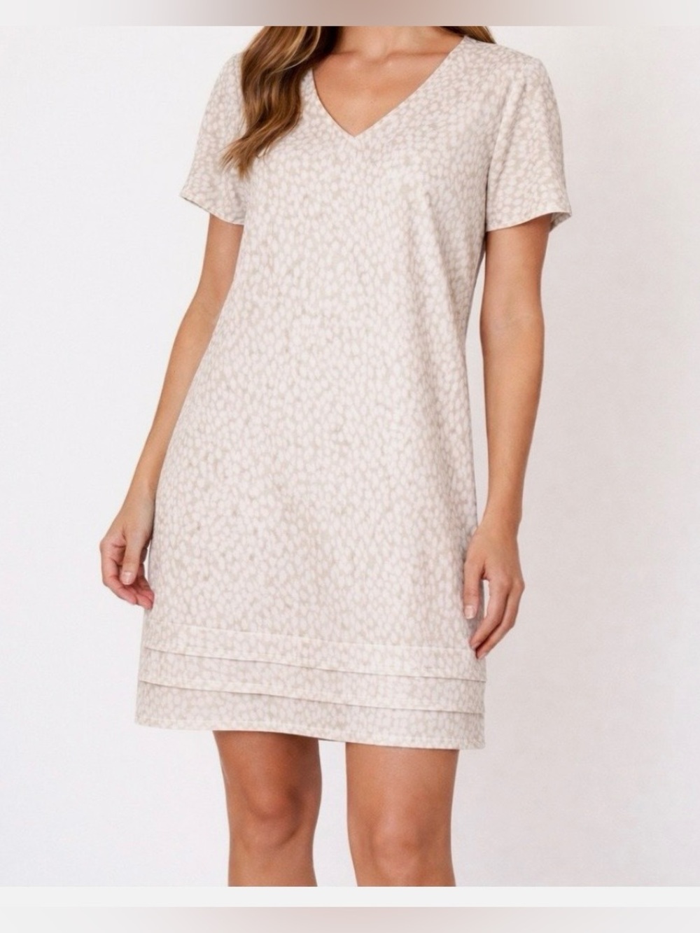 Nicole Miller Cream/Beige Printed V-Neck Short Sleeve Mini Dress Size L NWOT